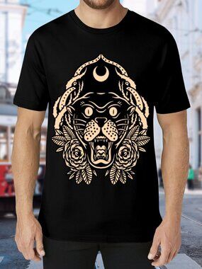 Black Tee with Cream Panther & Floral Graphic